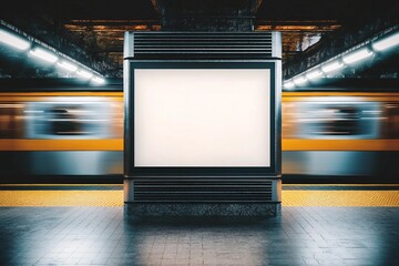 Wall Mural - Mock up Poster media template Ads display in NYC Train Subway Station with moving Train on background. Realistic 3d render illustration