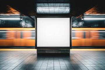 Wall Mural - Mock up Poster media template Ads display in NYC Train Subway Station with moving Train on background. Realistic 3d render illustration