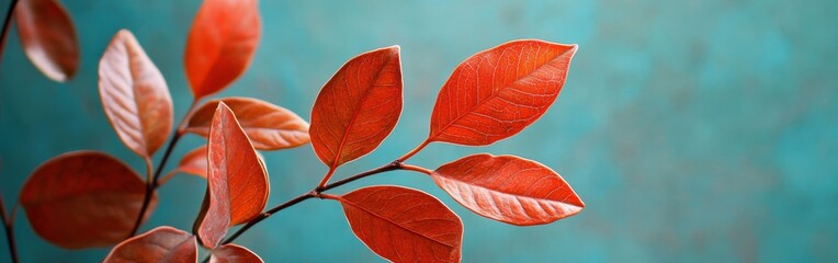 Poster - Bright red leaves with orange veins contrast beautifully against a muted teal background