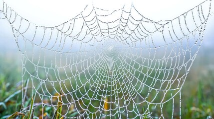A close-up of dew-covered spider webs in a foggy field.