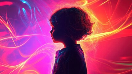 Aufkleber - Child illuminated by swirling neon ribbons in a playful display of color and motion