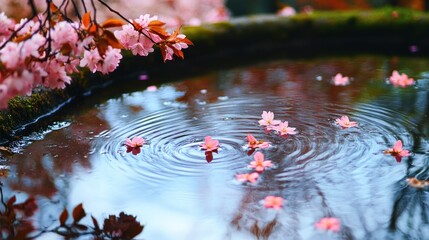 Aufkleber - Vibrant spring reflections with pink blossoms and gentle raindrops spreading ripples in a puddle