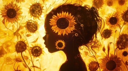 Poster - Vibrant child profile illuminated by radiant sunflowers in a golden glow reflecting nature's beauty