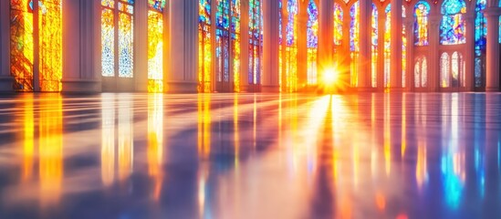 Wall Mural - Sunset illuminating stained glass church interior, reflecting on polished floor