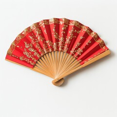 Poster - Traditional Chinese fan featuring vibrant red and gold patterns displayed against a minimalist white background