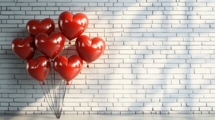 Wall Mural - Cluster of Red Heart Shaped Balloons Against a White Brick Wall in Soft Lighting for Valentine’s Day or Romantic Celebrations