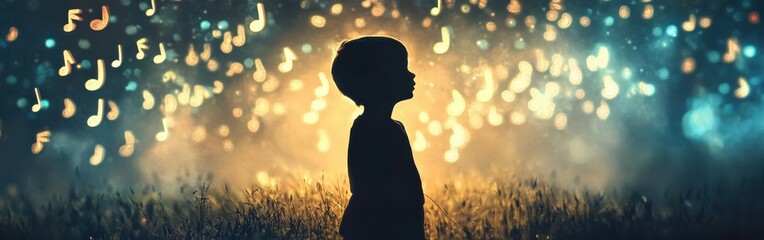Aufkleber - Surreal silhouette of a child amidst glowing musical notes creating whimsical patterns against a vibrant background