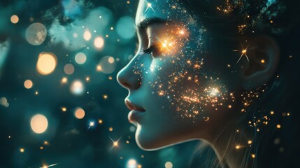 Poster - Surreal portrait of a woman illuminated by cosmic energy and radiant stars in a dreamlike atmosphere