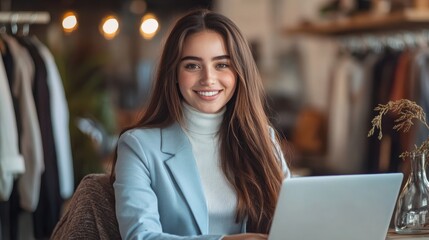 Poster - Young woman in stylish attire working on laptop in creative fashion studio with modern decor