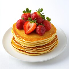 Poster - Delicious golden pancakes topped with fresh strawberries ready for breakfast or brunch on a white plate