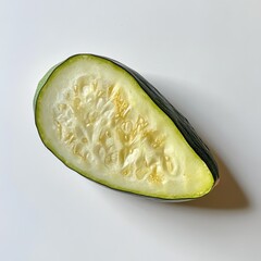 Poster - Slice of fresh zucchini showcasing light green interior and textured skin on a simple white backdrop