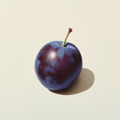 Poster - Single ripe plum with glossy skin lying flat on white background showcasing its vibrant color and natural shine