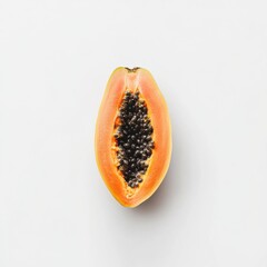 Aufkleber - Ripe papaya cut open showing vibrant orange flesh and black seeds on a white background