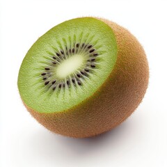 Poster - Ripe kiwi fruit with fuzzy brown skin and vibrant green interior lying flat on white background