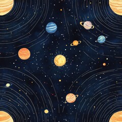 Poster - Serene watercolor doodle pattern of the solar system with glowing sun and tiny planets on dark navy background