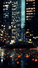 Aufkleber - Urban glow of a sleek car against a vibrant city backdrop illuminated by nighttime lights