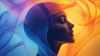 Poster - Serene woman radiates calmness with flowing lines and abstract harmony at twilight
