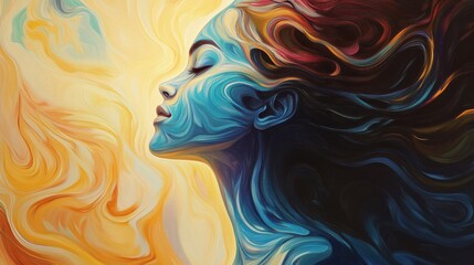 Poster - Radiant woman merging with colors in a harmonious abstract portrait filled with flowing curves and glowing light