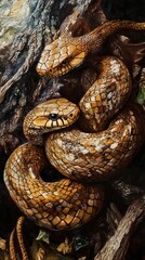 Wall Mural - Close-up of a Brown Snake Coiled in a Tree