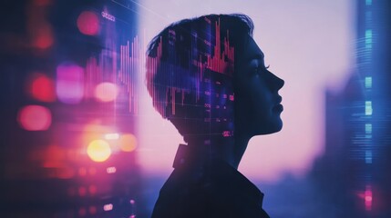 Aufkleber - Professional consultant silhouette signifies strategic insights and financial trends with glowing graphs in modern double exposure style