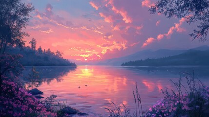Poster - Lakeside view showcasing pastel dawn reflections merging with vivid summer sunsets during a tranquil evening