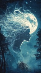 Poster - Mystical woman's profile illuminated by moonlight over a serene forest at night