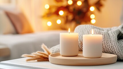 Aufkleber - Cozy home decor with burning candles and soft lights creating a warm and inviting atmosphere