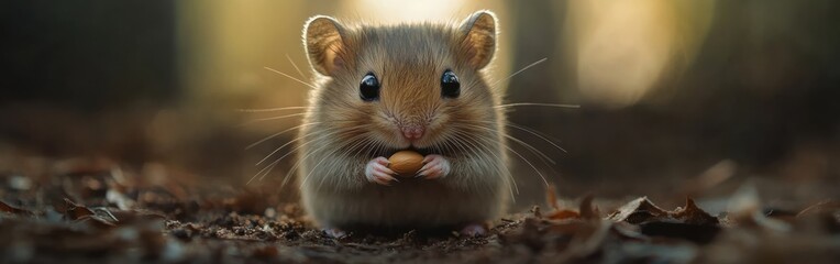 Poster - Captivating close-up of a hamster enjoying a seed amidst a softly blurred backdrop