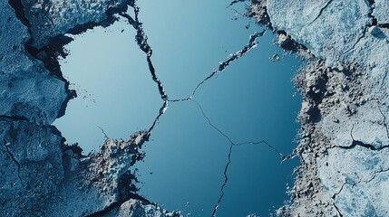 Poster - Cracked ice surface with dark fissures and blue water abstract aerial view from above