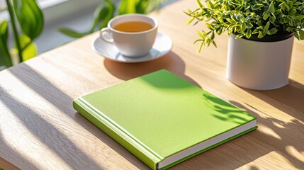 Aufkleber - Green book on wooden table with tea cup and plant in natural light creating soft shadows