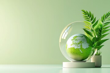 Poster - Globe in Glass Dome with Green Plants on Light Green Background for Environmental Concept