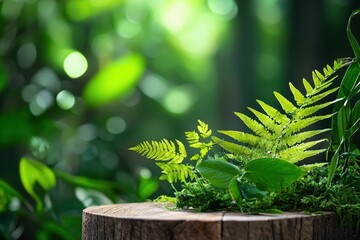 Poster - Lush green fern and leaf on a wooden stump with a blurred forest background in soft light