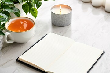 Aufkleber - Open notebook with tea and lit candle on white marble table for relaxation and planning