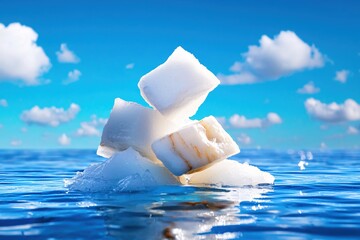 Wall Mural - Stack of ice blocks floating on blue water under a bright sky with white clouds