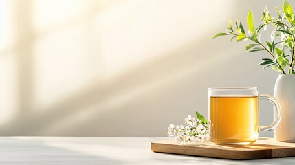 Aufkleber - Still life with herbal tea glass mug white flowers and green plant in vase on wooden board