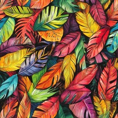 Poster - Doodle cartoon watercolor pattern of vibrant tropical bird feathers and leaves creates a lively atmosphere of nature