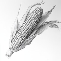 Poster - Detailed pencil drawing of a corn cob with vibrant kernels and lush husk showcasing natural textures and shapes in a classic style