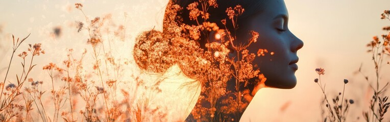 Poster - Woman radiating with wildflowers and grasses in a serene golden hour glow symbolizing vitality and harmony with nature