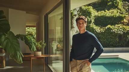 Poster - Young man in modern home gazes out at serene pool amidst lush greenery