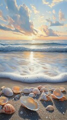 Aufkleber - Peaceful beach at sunset with waves gently lapping the shore and seashells scattered on the sand