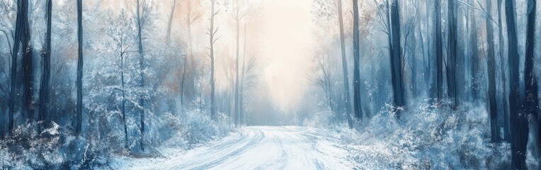 Poster - Serene winter landscape with a soft watercolor background and snow-covered trees in a quiet forest