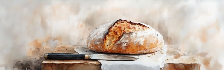 Aufkleber - Freshly baked bread resting on a wooden cutting board with a knife beside it highlighted by a soft watercolor background