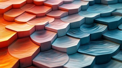 Abstract three dimensional orange and blue textured shapes