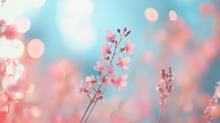 Aufkleber - Delicate soft sky blue and blush pink bokeh lights create a dreamy atmosphere among blooming flowers in spring