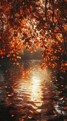 Poster - Reflective water beneath a vibrant red canopy during the golden hour, creating a serene and enchanting atmosphere