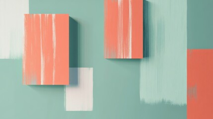Poster - Minimalist composition with pencil strokes in soft coral and mint green shades on a textured background