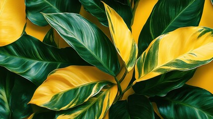 Poster - Vibrant arrangement of lush emerald green leaves with striking yellow highlights in tropical setting