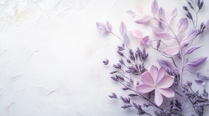 Aufkleber - Elegant white canvas adorned with delicate purple leaves and blooms on a tranquil surface