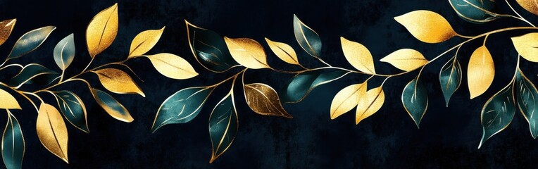 Poster - Elegant abstract branches with glossy metallic gold leaves create a striking visual on a dark background