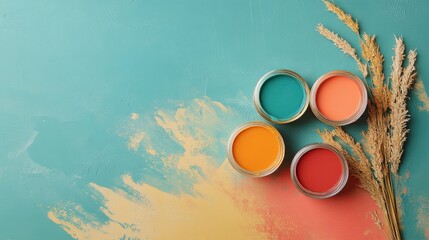 Aufkleber - Vibrant gradient blend with teal and gold hues paired with colorful paint cans and natural elements arranged on a textured background